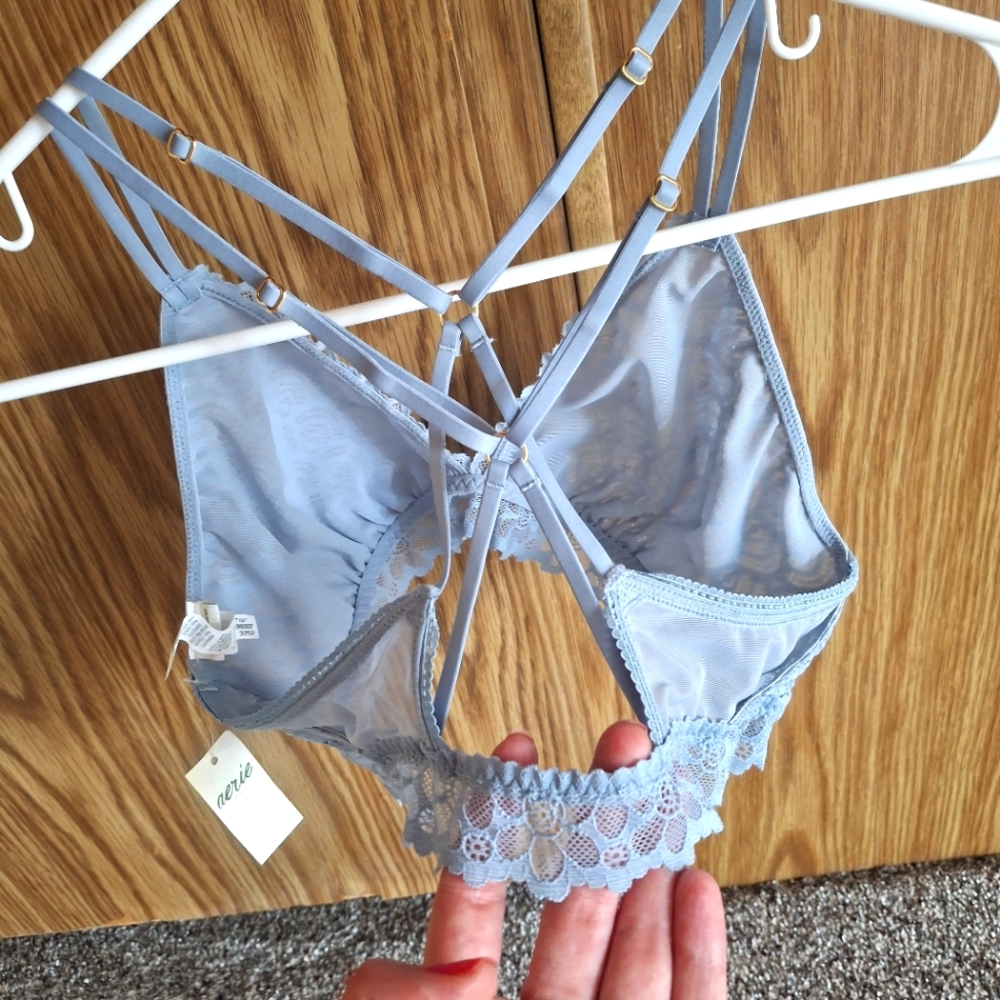 NEW aerie | Triangle 4 Strap Strappy Bralette Lace Floral Plunge Bra Blue Gold M - Picture 9 of 14